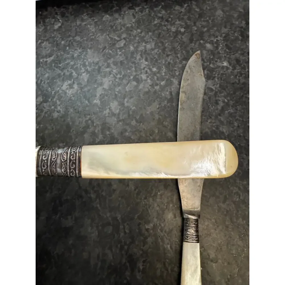 Antique Meriden Cutlery Co. Carving Set MOP Handle Knife Fork Silver Ferrule